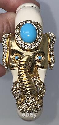 Signed Ciner GOLD Creme Enamel Turquoise Cabochon Rhinestone Elephant Bracelet
