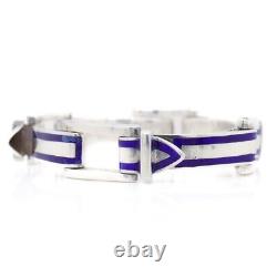 Signed Gucci Retro Sterling Silver & Blue Enamel Buckle Bracelet