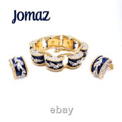Signed Jomaz Empress Blue Enamel Rhinestone Drum Link Bracelet Earrings Set