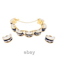 Signed Jomaz Empress Blue Enamel Rhinestone Drum Link Bracelet Earrings Set
