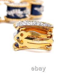 Signed Jomaz Empress Blue Enamel Rhinestone Drum Link Bracelet Earrings Set