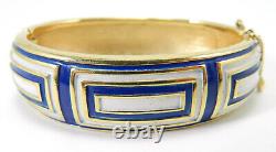 Signed Trifari Geometric Blue & White Enamel Gold Tone Hinged Bangle Bracelet