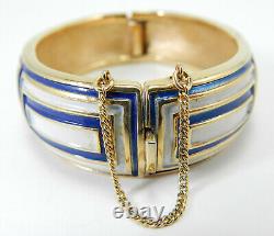 Signed Trifari Geometric Blue & White Enamel Gold Tone Hinged Bangle Bracelet