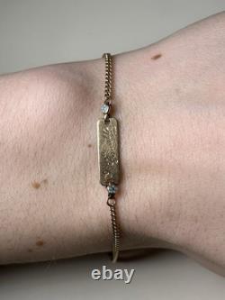 Solid 14K Yellow Gold Bracelet & Name Engraving &Blue Enamel Flower Accents, 5
