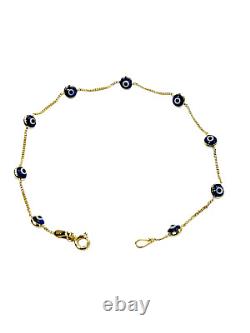 Solid 14K Yellow Gold Enamel Blue Evil Eye Station Bracelet 7.75 1.98g