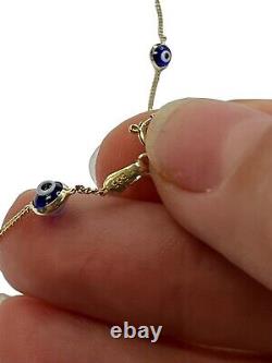 Solid 14K Yellow Gold Enamel Blue Evil Eye Station Bracelet 7.75 1.98g