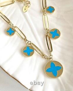 Solid 14K Yellow Gold & Turquoise Enamel Flower Charm Bracelet, New, 7.25-8