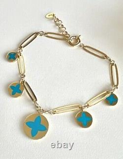 Solid 14K Yellow Gold & Turquoise Enamel Flower Charm Bracelet, New, 7.25-8