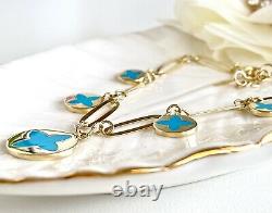 Solid 14K Yellow Gold & Turquoise Enamel Flower Charm Bracelet, New, 7.25-8