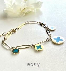 Solid 14K Yellow Gold & Turquoise Enamel Flower Charm Bracelet, New, 7.25-8