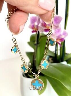 Solid 14K Yellow Gold & Turquoise Enamel Flower Charm Bracelet, New, 7.25-8