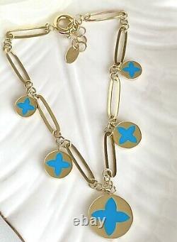 Solid 14K Yellow Gold & Turquoise Enamel Flower Charm Bracelet, New, 7.25-8