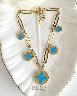 Solid 14K Yellow Gold & Turquoise Enamel Flower Charm Bracelet, New, 7.25-8