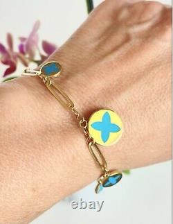 Solid 14K Yellow Gold & Turquoise Enamel Flower Charm Bracelet, New, 7.25-8