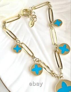 Solid 14K Yellow Gold & Turquoise Enamel Flower Charm Bracelet, New, 7.25-8