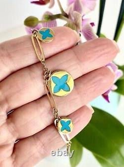 Solid 14K Yellow Gold & Turquoise Enamel Flower Charm Bracelet, New, 7.25-8