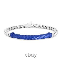 Solid Sterling Silver Italian Cable Blue Enamel Men's Bar Bracelet 8.25