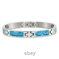 Stainless Steel Polished with Blue Swirl Enamel Link Bracelet 7.25 for Women