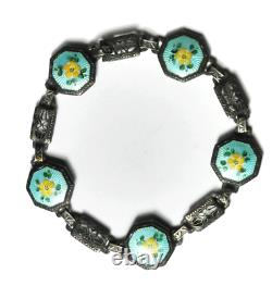 Sterling 16mm Blue Enamel Yellow Flower Guilloche Filigree Bracelet 7-1/4