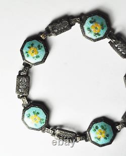 Sterling 16mm Blue Enamel Yellow Flower Guilloche Filigree Bracelet 7-1/4