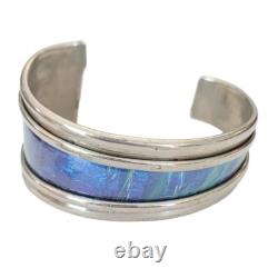 Sterling Blue Enamel Modernist Cuff Bracelet, Signed M718