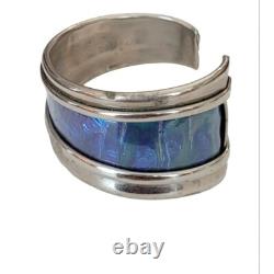 Sterling Blue Enamel Modernist Cuff Bracelet, Signed M718