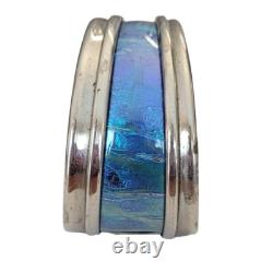 Sterling Blue Enamel Modernist Cuff Bracelet, Signed M718