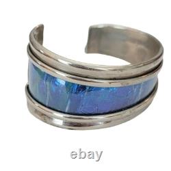 Sterling Blue Enamel Modernist Cuff Bracelet, Signed M718
