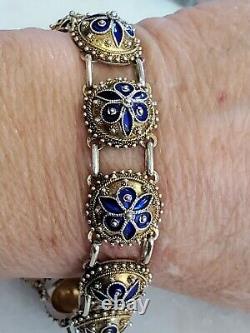 Sterling Chinese Export Gold Gilt Blue Enamel Bracelet 7