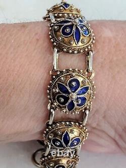 Sterling Chinese Export Gold Gilt Blue Enamel Bracelet 7