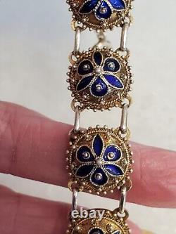 Sterling Chinese Export Gold Gilt Blue Enamel Bracelet 7