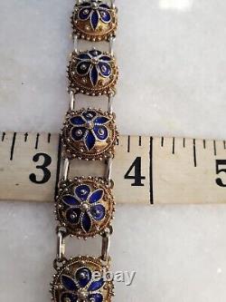 Sterling Chinese Export Gold Gilt Blue Enamel Bracelet 7