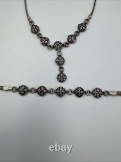 Sterling Colorful Red & Blue Enamel Flower Detailed Bracelet & Necklace 19.9g