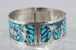 Sterling Scenic Inlaid Aqua Enamel Turquoise Stones Bracelet 925 Mexico 2468