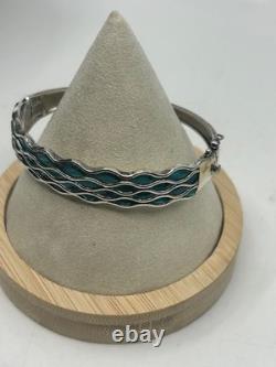 Sterling Silver 925 Blue Enamel Water Wave Design Cuff Bracelet 6.5