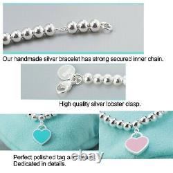 Sterling Silver 925 Mini Heart Tag Beaded Bracelet Enamel Heart Tag Necklace