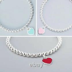 Sterling Silver 925 Mini Heart Tag Beaded Bracelet Enamel Heart Tag Necklace