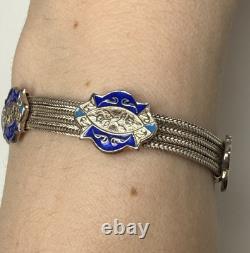 Sterling Silver & Blue Enamel Turkish Bracelet 6.5 Foxtail Multi Strand Panel