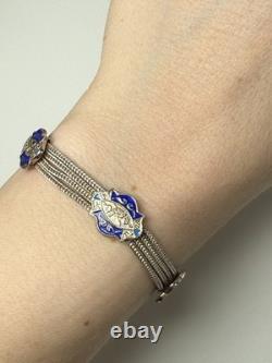 Sterling Silver & Blue Enamel Turkish Bracelet 6.5 Foxtail Multi Strand Panel