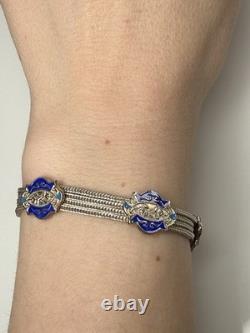 Sterling Silver & Blue Enamel Turkish Bracelet 6.5 Foxtail Multi Strand Panel