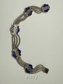 Sterling Silver & Blue Enamel Turkish Bracelet 6.5 Foxtail Multi Strand Panel
