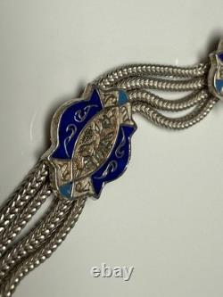 Sterling Silver & Blue Enamel Turkish Bracelet 6.5 Foxtail Multi Strand Panel
