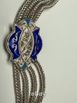 Sterling Silver & Blue Enamel Turkish Bracelet 6.5 Foxtail Multi Strand Panel