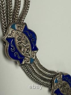 Sterling Silver & Blue Enamel Turkish Bracelet 6.5 Foxtail Multi Strand Panel