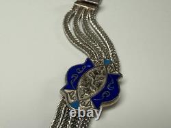 Sterling Silver & Blue Enamel Turkish Bracelet 6.5 Foxtail Multi Strand Panel