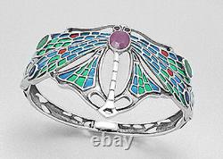 Sterling Silver BlueGreen Enamel Ruby Emerald Sapphire Dragonfly Bangle Bracelet
