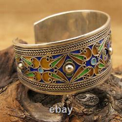 Sterling Silver Cuff Bracelet with Blue, Gold and Green Enamel