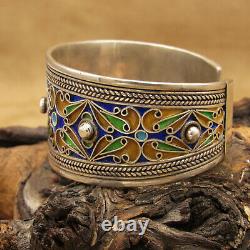 Sterling Silver Cuff Bracelet with Blue, Gold and Green Enamel