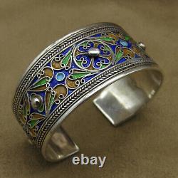 Sterling Silver Cuff Bracelet with Blue, Gold and Green Enamel