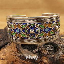 Sterling Silver Cuff Bracelet with Blue, Gold and Green Enamel